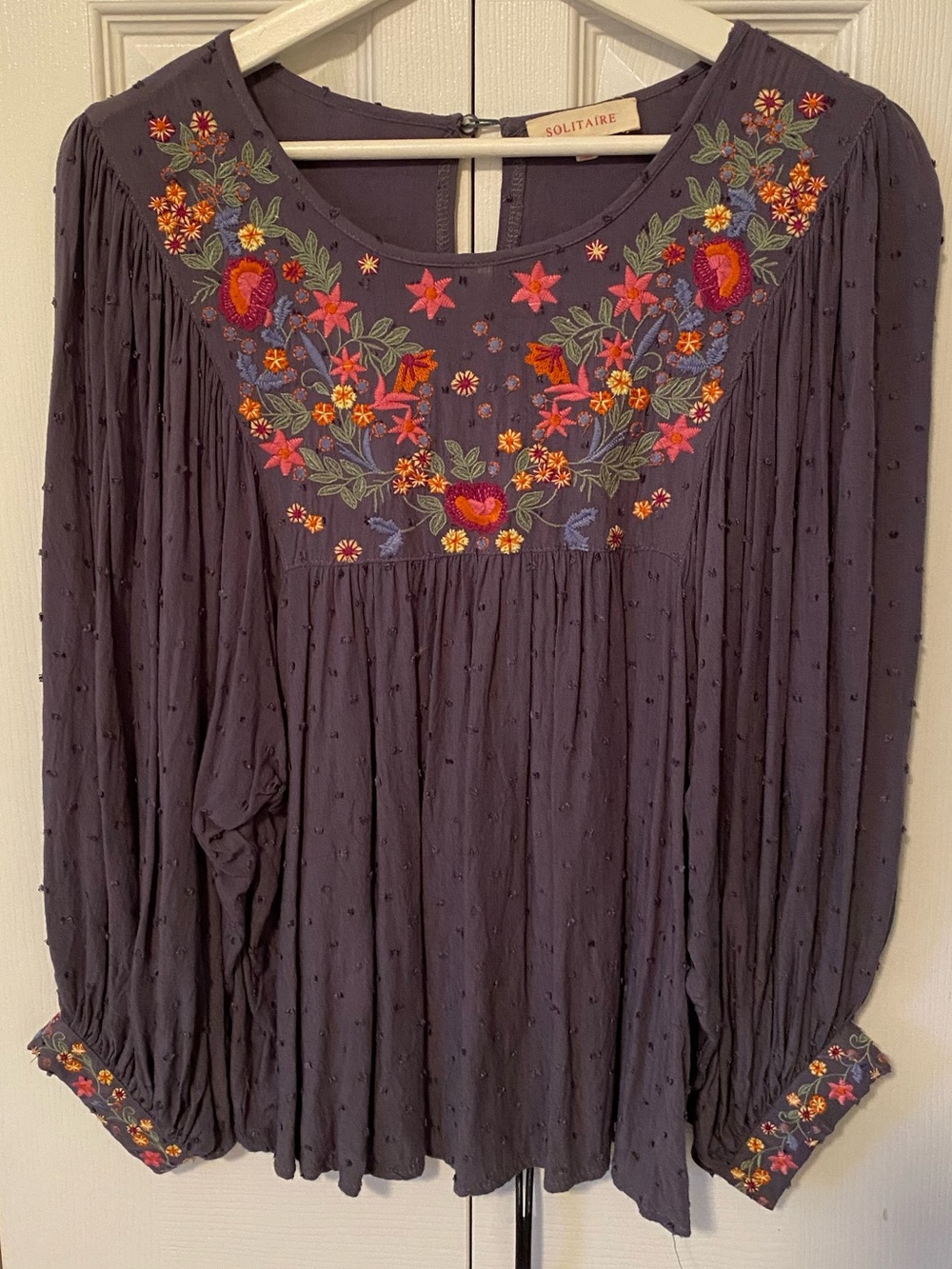 Solitaire Boho Embroidered Yoke Baydoll Blouse Balloon Sleeves French Blue Med